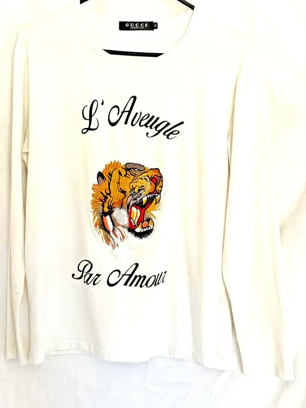 Gucci Cotton Lg/Sleeve Tee w/ L'Aveugle Par Amour script & Embroidered Tiger, XL